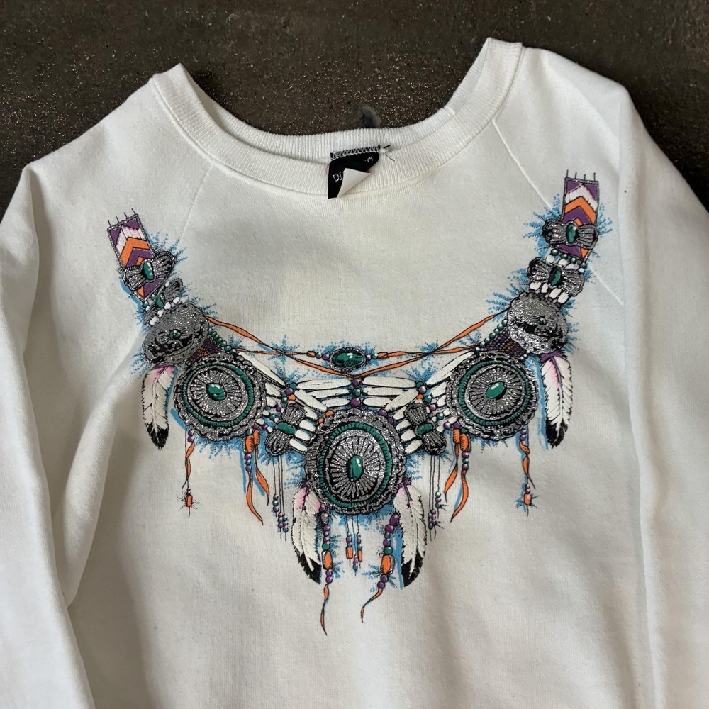 Vintage Diamond Dust Sweatshirt Womens Large White Glitter Necklace Graphic